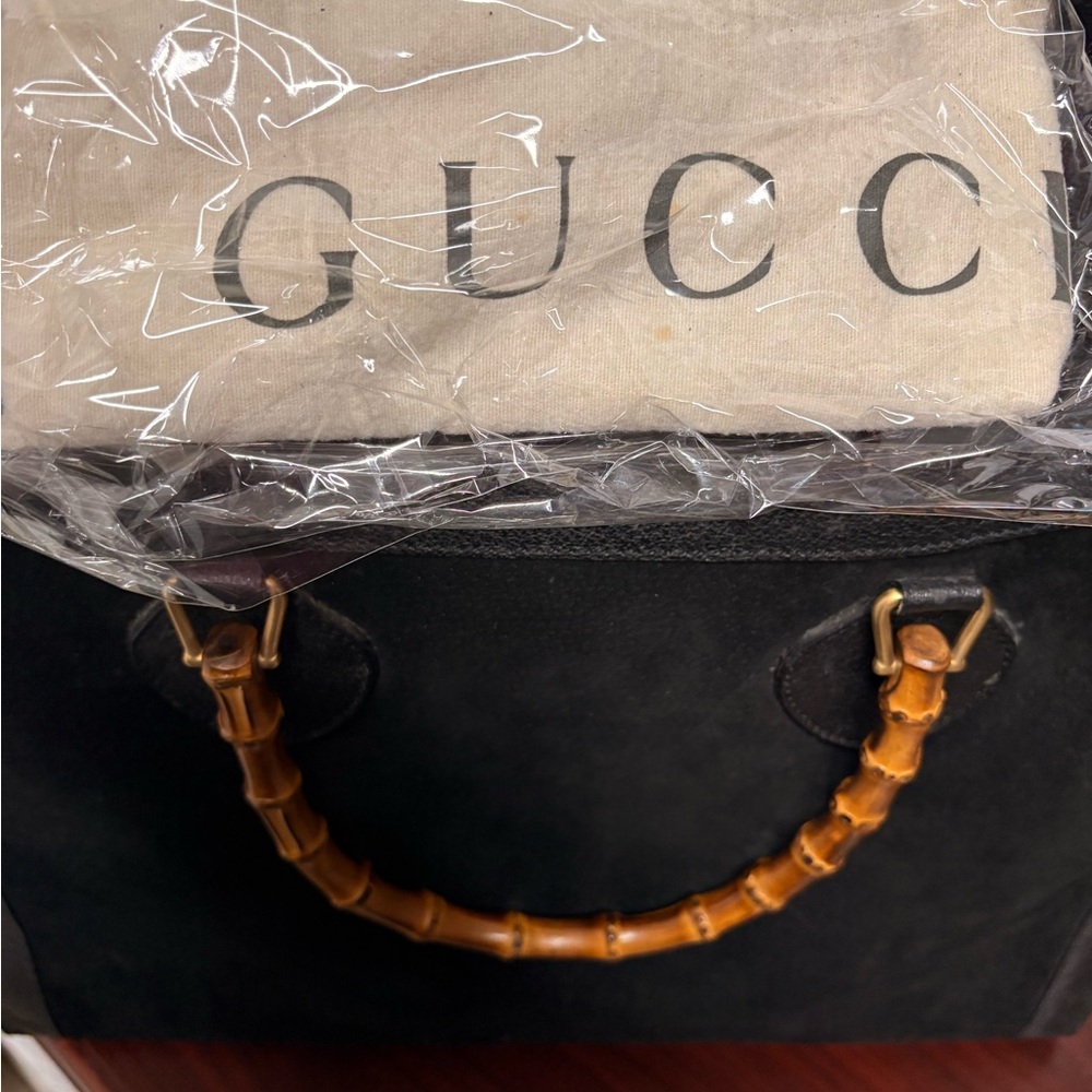 Authentic Gucci Bamboo Handle Tote – Black Suede & Leather